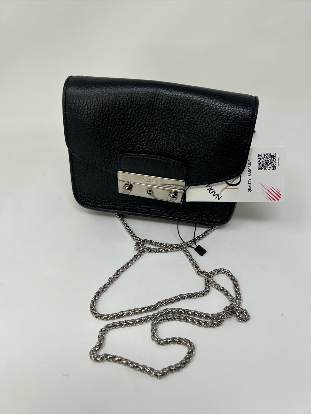 Furla Black Pebbled Leather Crossbody with Silver Chain